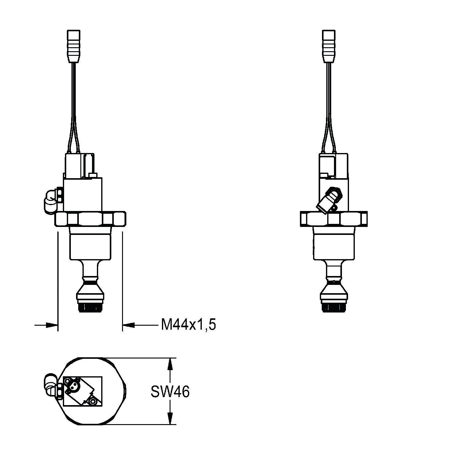 Technische Zeichnung eines zylindrischen Sensors mit einer Gewindeaufnahme, beschriftet mit 'M44x1,5', und einem quadratischen Messfeld von 'SW46' am unteren Ende.