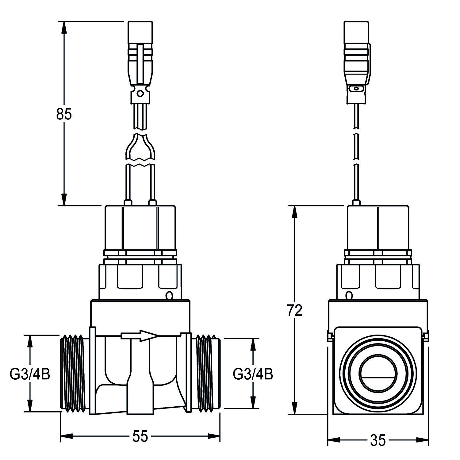 Technische Zeichnung eines Ventils mit Abmessungen. Die Höhe beträgt 85 mm, die Breite 55 mm, und die Rohrgewinde sind auf beiden Seiten mit G3/4B gekennzeichnet.
