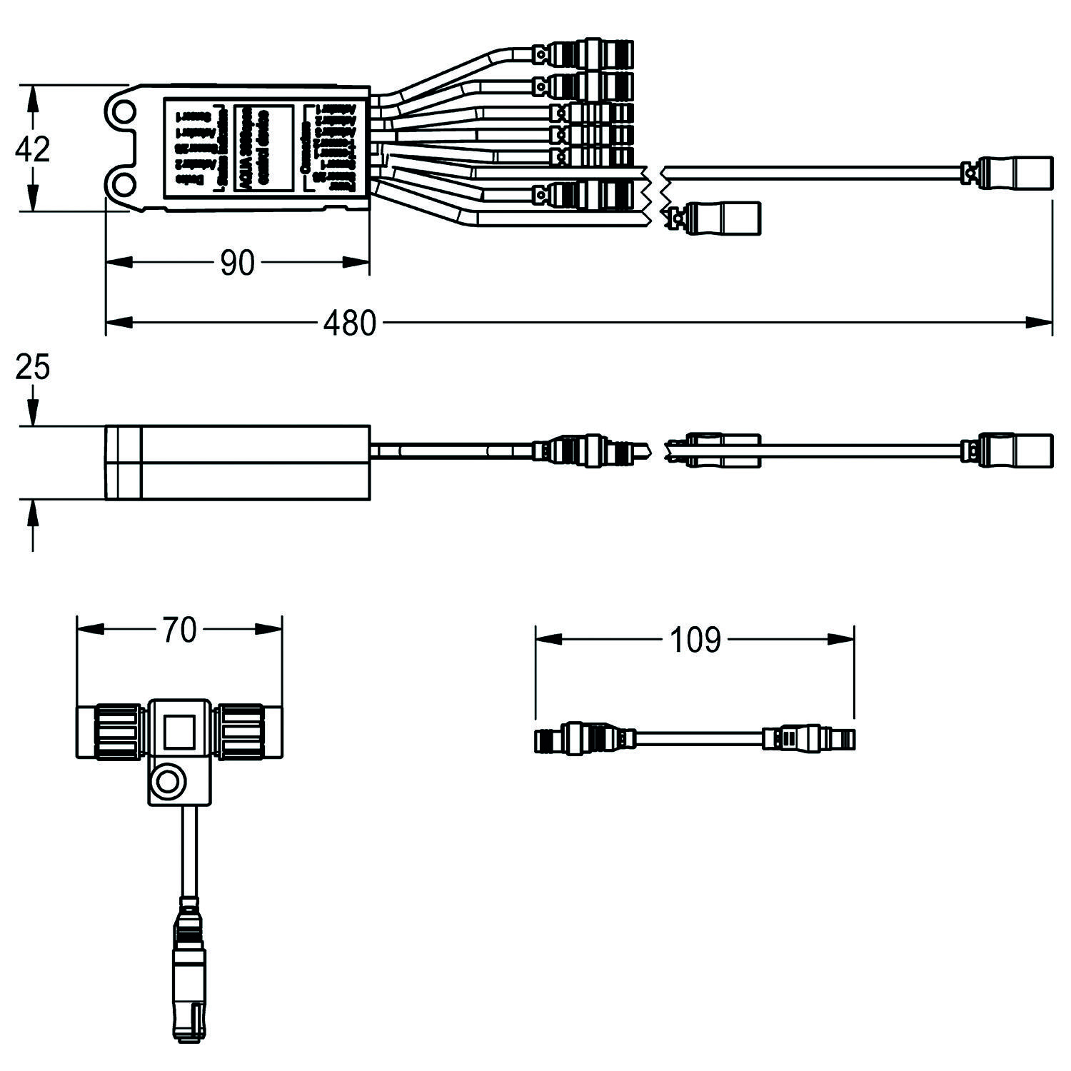 Technische Schemazeichnung mit Abmessungen und Anschlüssen eines elektronischen Geräts mit zwei Teilen: einer Haupteinheit (480x90x42) und Verbindungskabeln.