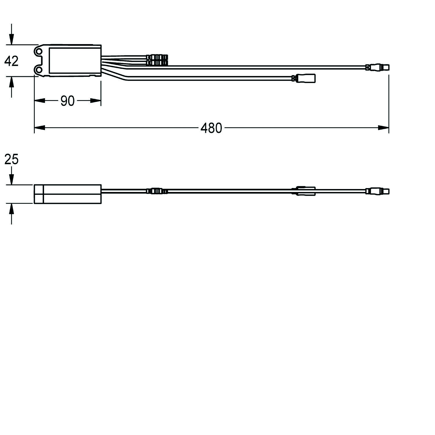 Technische Zeichnung eines Linearaktors mit beschrifteten Abmessungen: Hauptkörper 90 mm, Gesamtlänge 480 mm, Höhe 42 mm, Breite 25 mm.