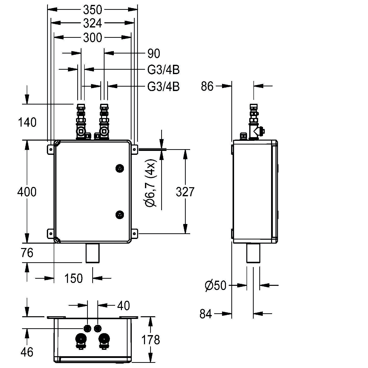 Mechanische Box-Abmessungen und Anordnung mit Messungen für Seiten und Anschlüsse, einschließlich Durchmesser, Höhe und Abstand in Millimetern.