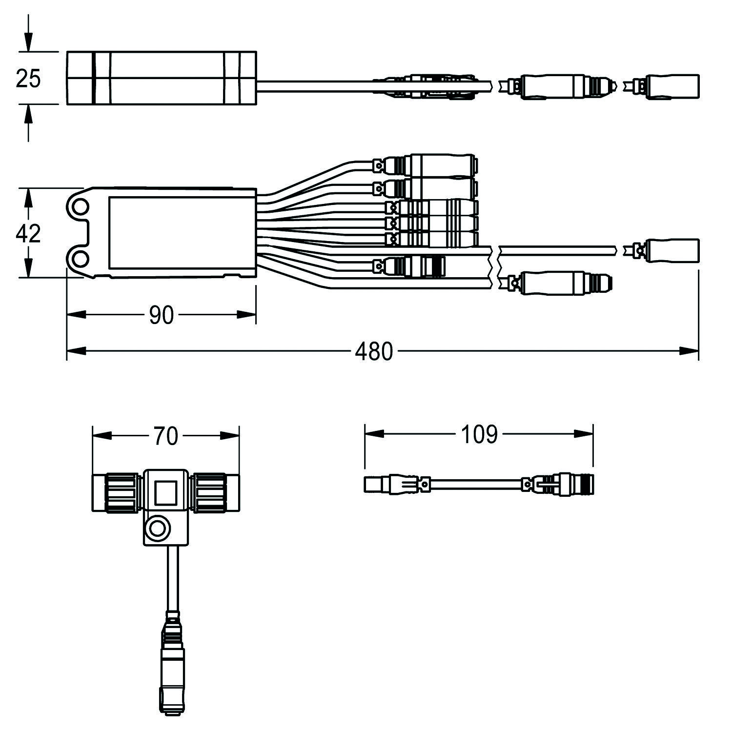 Technische Zeichnung einer elektronischen Komponente mit Abmessungen: 25x42 mm und 90 mm Länge, Kabel erstrecken sich bis zu 480 mm. Anschlussdetails dargestellt.