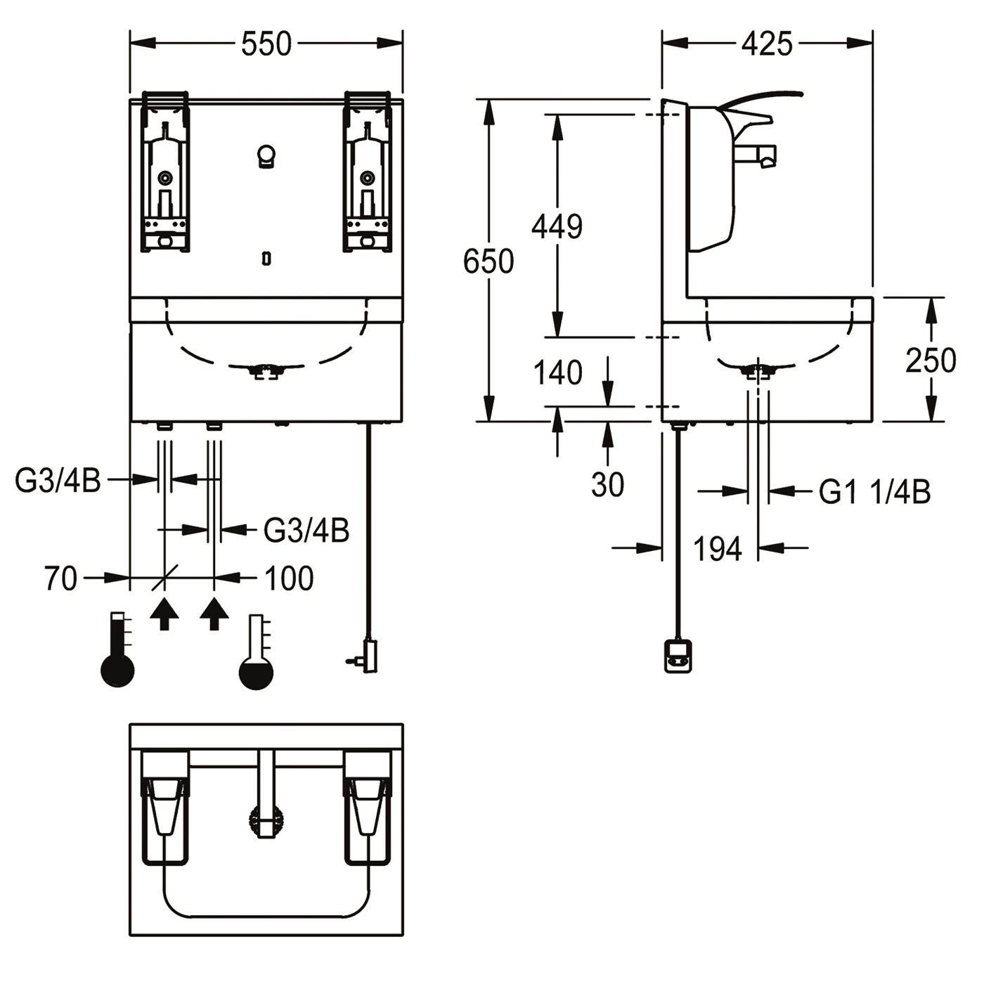 KWC Hygienewaschplatz, Elek, Edelstahl, AP, Thermostat, 550x650x425 mm, 230 VAC