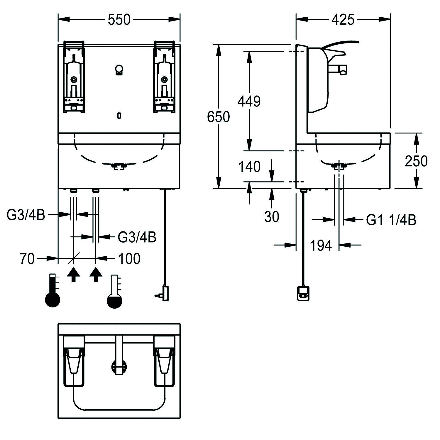Technische Zeichnung einer Doppelwaschbecken-Anordnung mit Maßangaben: 550 mm Breite, 425 mm Tiefe, 650 mm Höhe. Rohre gekennzeichnet als G3/4B, G1 1/4B.