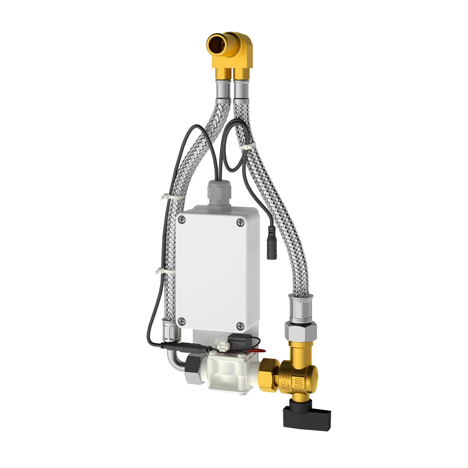 Ein kompaktes Klempnergerät mit einem Metallgehäuse, flexiblen geflochtenen Schläuchen und einem gelben Ventil an der Oberseite; entwickelt zur Wasserflusssteuerung.
