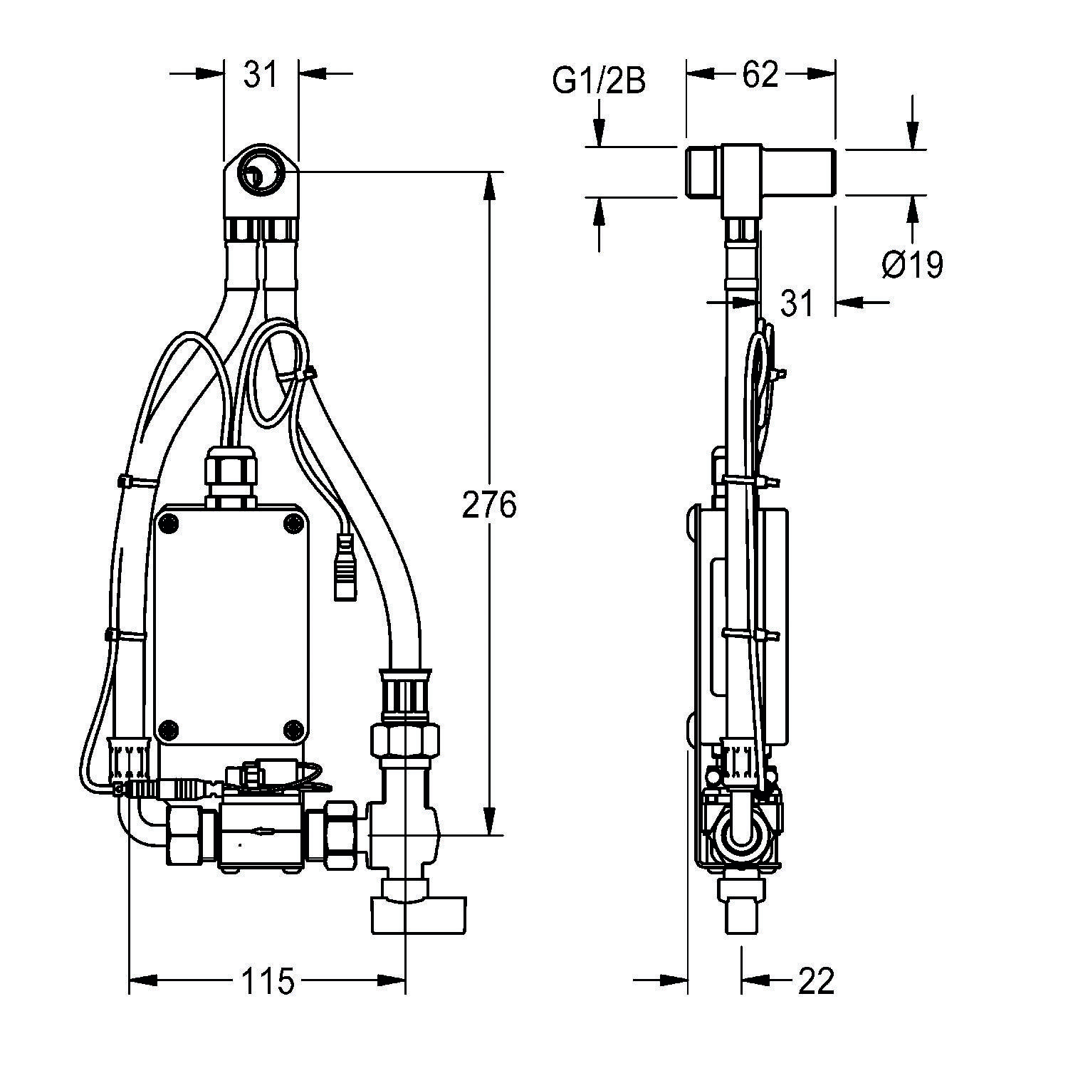 Technische Zeichnung einer Pumpeneinheit mit Abmessungen: Höhe 276 mm, Breite 115 mm, Schlauchverbindung G1/2B, verschiedene Komponentengrößen vermerkt.
