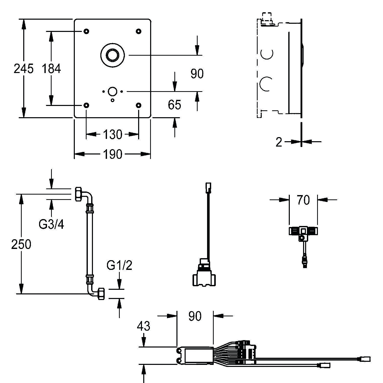 Technische Zeichnung zur Darstellung der Abmessungen und Verbindungen für eine mechanische Vorrichtung. Schlüsselmaße: Höhe 245 mm, Breite 184 mm, Tiefe 90 mm, Rohranschlüsse G3/4 und G1/2.