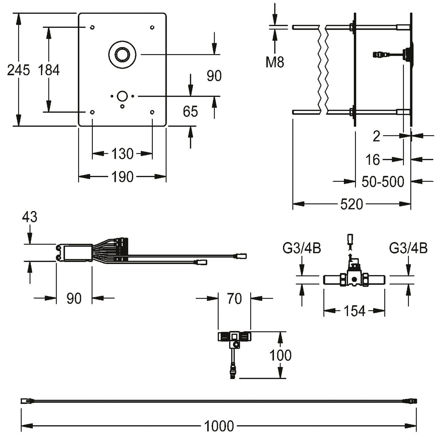 Technische Maßzeichnung einer mechanischen Komponente mit Befestigungsplatte, Seitenansicht, Anschlüsse gekennzeichnet M8 und G3/4B, und Gesamtlängendimensionen von 1000 bis 520 mm.