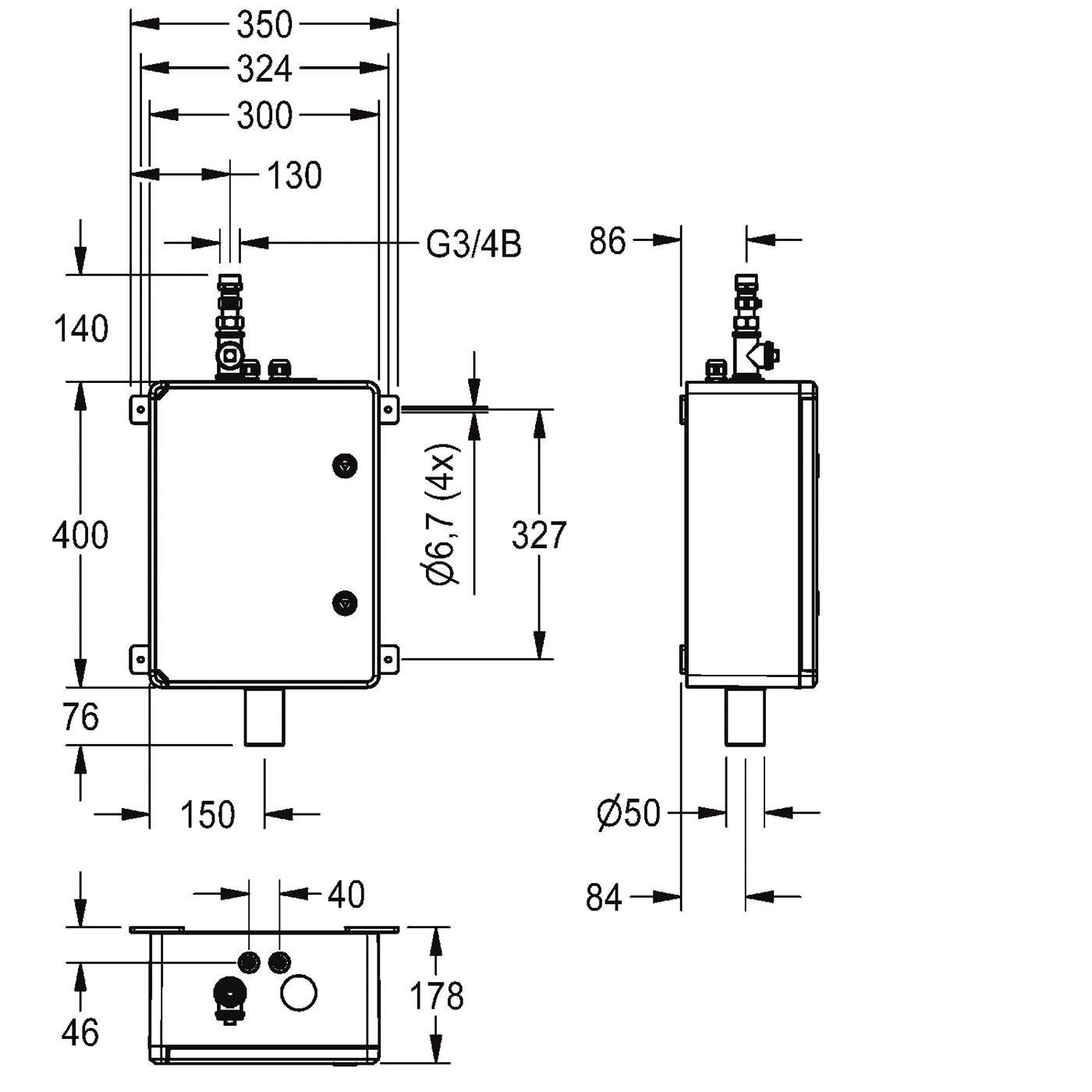 Bemaßte technische Zeichnung eines rechteckigen elektrischen Schaltschranks, dargestellt in Vorder-, Seiten- und Draufsicht mit Abmessungen und Verbindungsdetails wie G3/4B und Ø6,7 Befestigungslöcher.