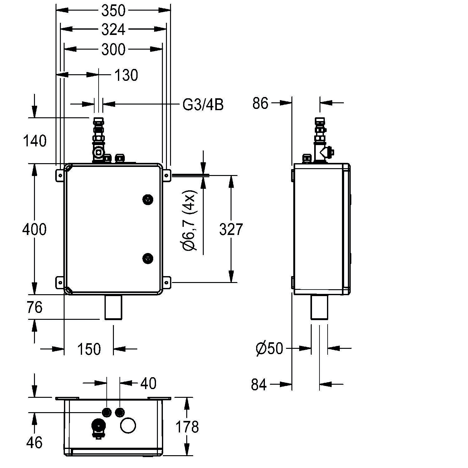 Technische Zeichnung eines rechteckigen Geräts mit Abmessungen: 400x350 mm, versehen mit verschiedenen Maßangaben und Anmerkungen.