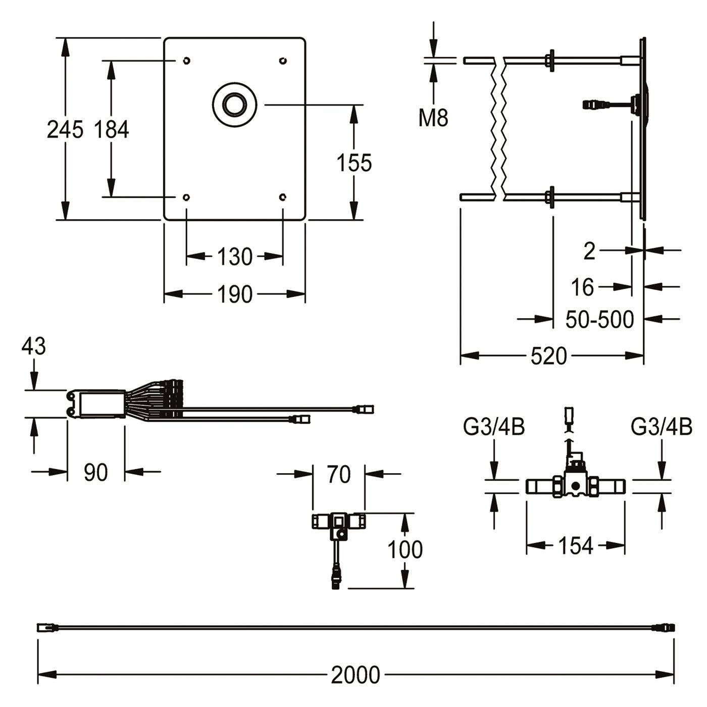 Technische Strichzeichnung einer Montageklammer und Schlauchbaugruppe mit Beschriftungen der Abmessungen, einschließlich 245, 190, 520 und 2000 mm, sowie M8 und G3/4B Verschraubungen.