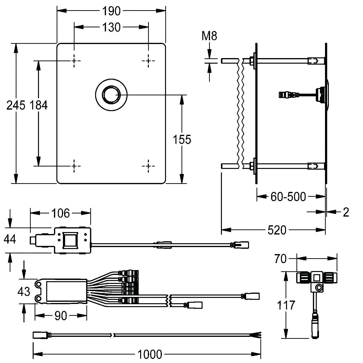 Diagramm, das die Abmessungen eines mechanischen Systems mit Messungen in Millimetern und beschrifteten Komponenten, einschließlich Halterungen und Kabel, zeigt.