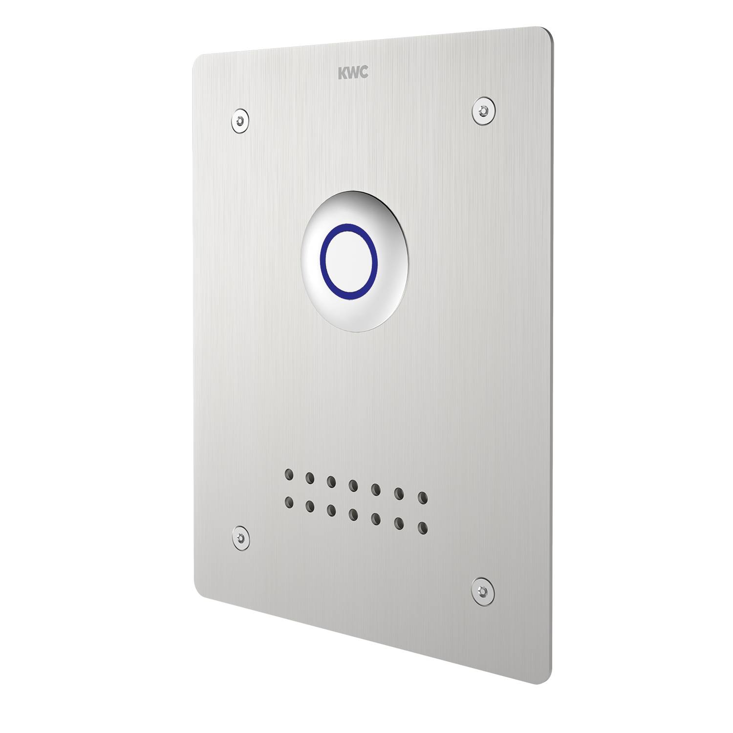Ein Gegensprechanlage-Panel mit Metalloberfläche, das einen zentralen kreisförmigen Knopf und kleine Perforationen darunter aufweist und zur Wandmontage konzipiert ist.