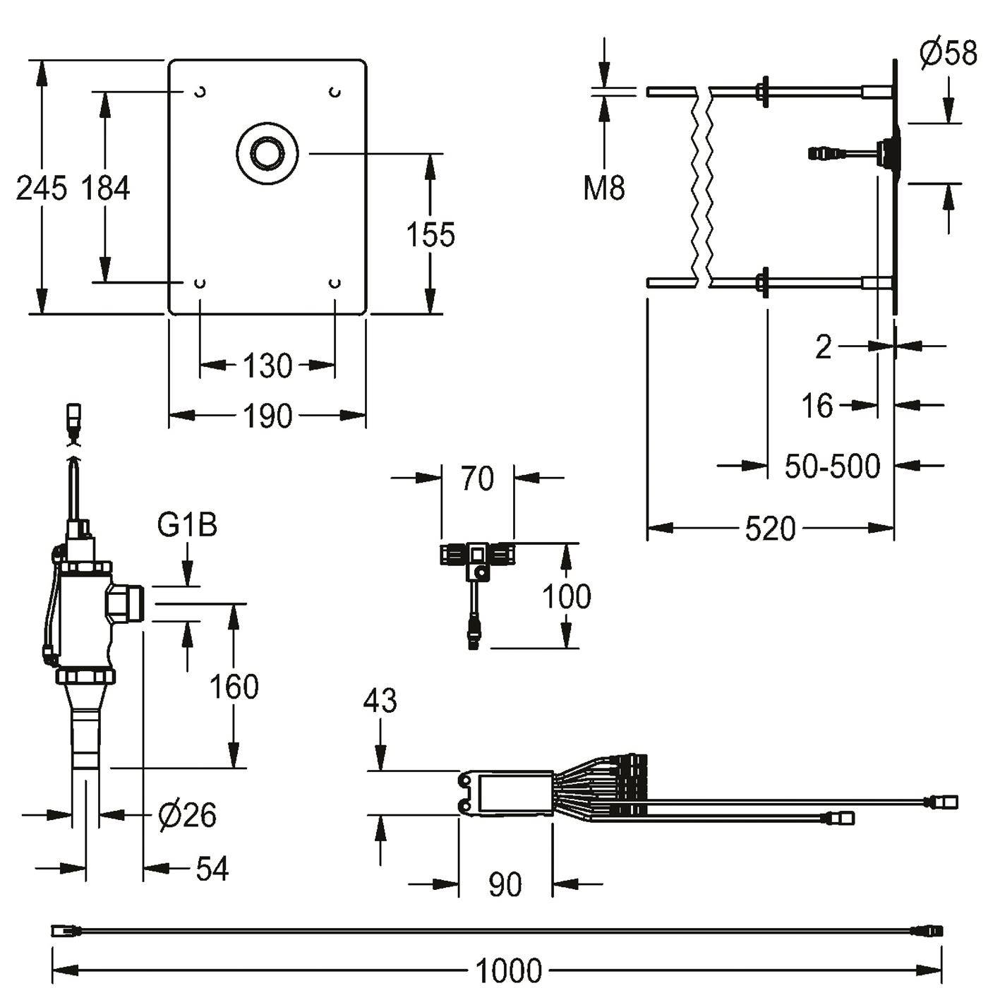 Technische Maßstabzeichnung einer mechanischen Baugruppe mit mehreren Ansichten, die eine Befestigungsplatte, Rohrverbindung G1B und wichtige Abmessungen in mm zeigt.