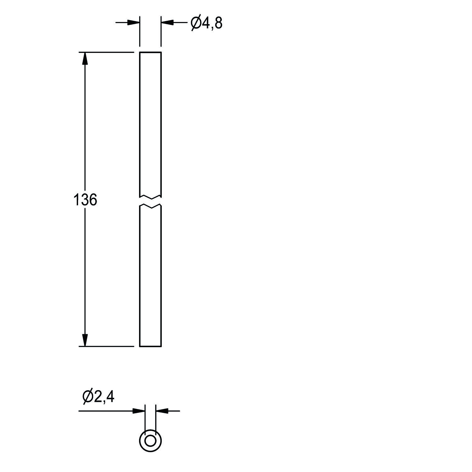 Technische Zeichnung eines zylindrischen Stabes mit Abmessungen: Höhe 136 mm, oberer Durchmesser 4,8 mm, unterer Durchmesser 2,4 mm.