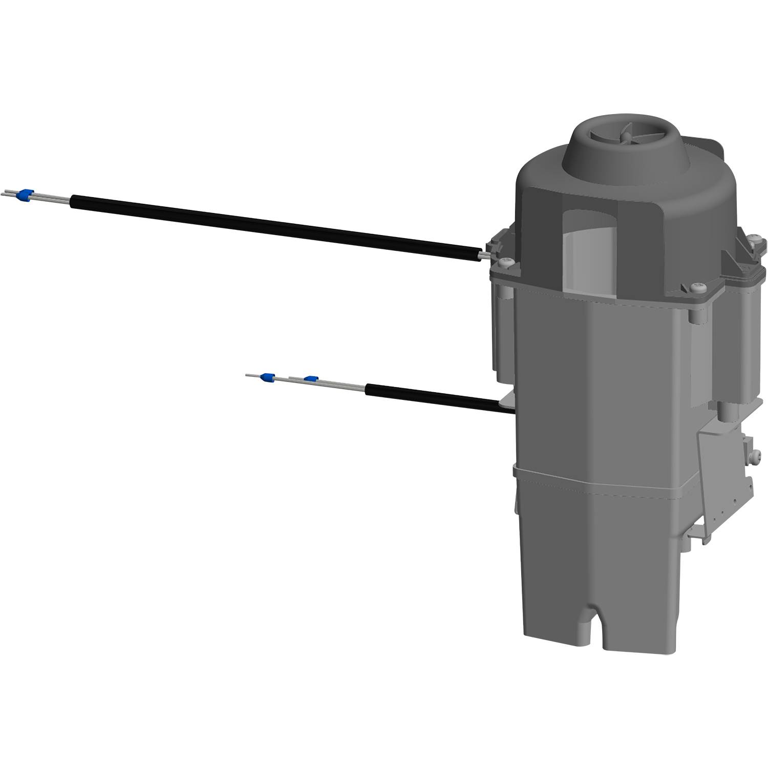 Eine zylindrische graue Industriekomponente mit hervorstehenden Linien, möglicherweise ein Maschinenteil oder mechanisches Gerät in einer 3D-Darstellung.