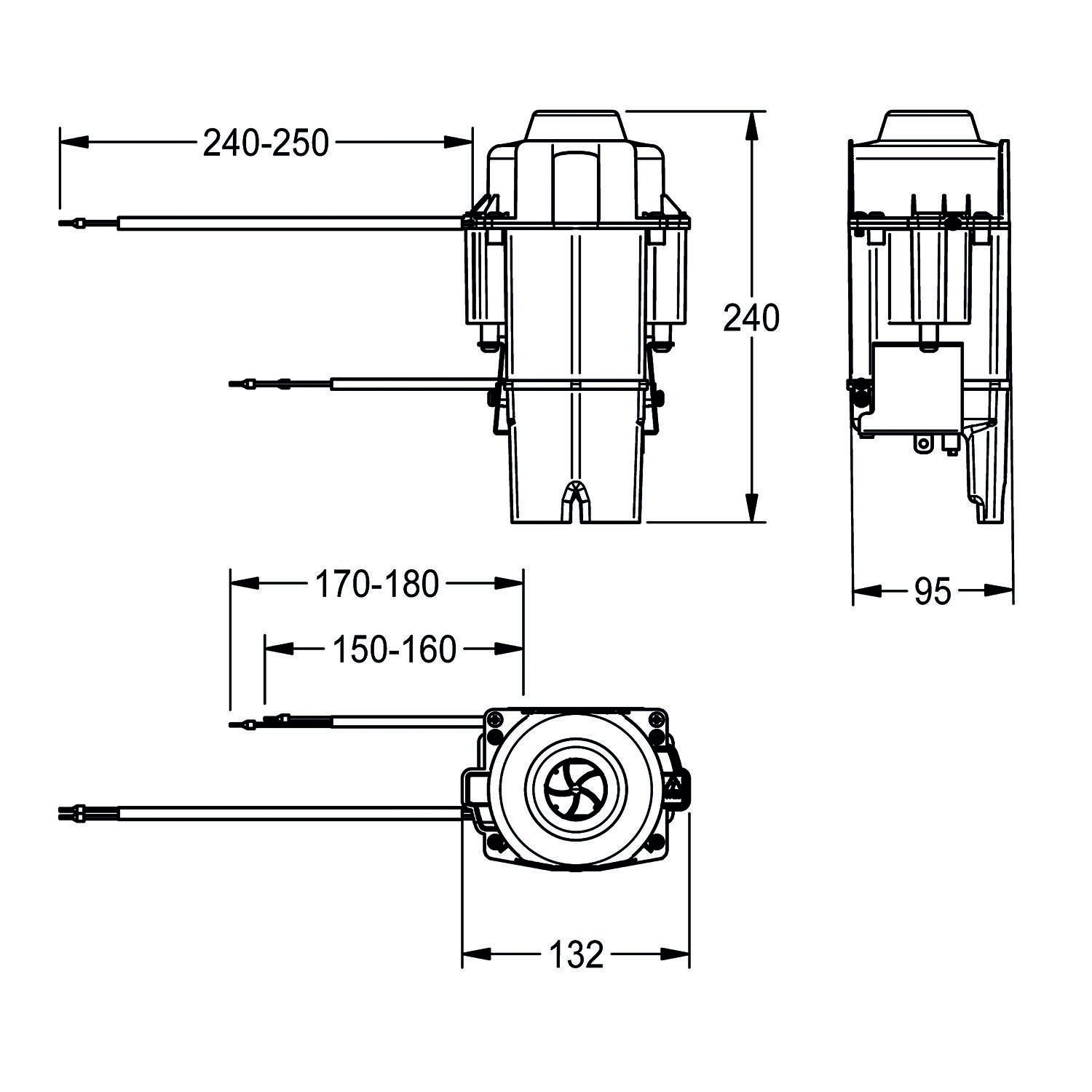Technische Zeichnung einer Vorrichtung mit drei Ansichten und Abmessungen: Vorder-, Seiten- und Draufsicht. Maße umfassen 240-250 mm Breite, 240 mm Höhe und 132 mm Tiefe.