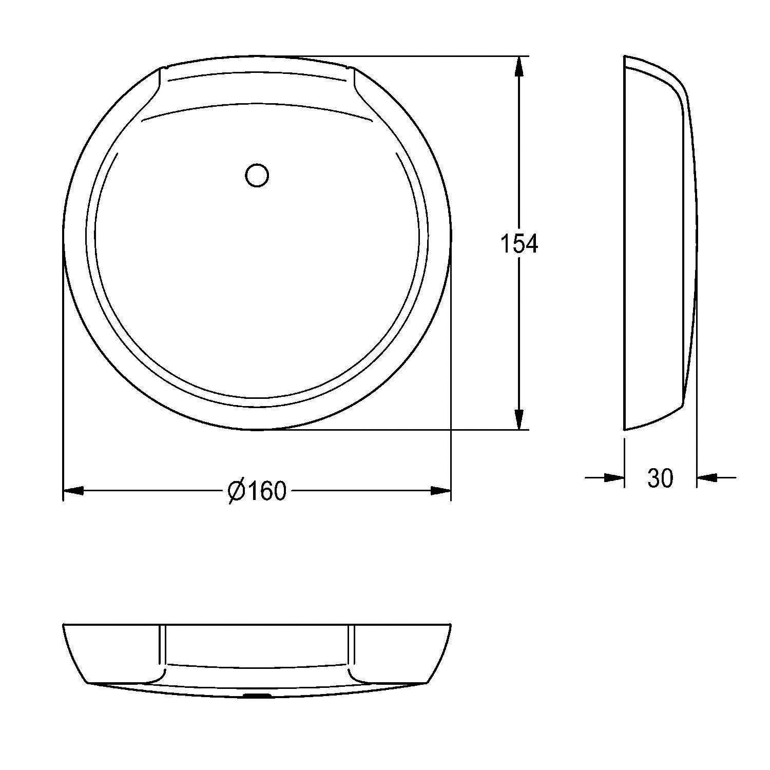 Technische Zeichnung eines zylindrischen Objekts mit einer Draufsicht, die einen Durchmesser von 160 mm zeigt, Seitenansicht mit einer Höhe von 154 mm und einer Tiefe von 30 mm.