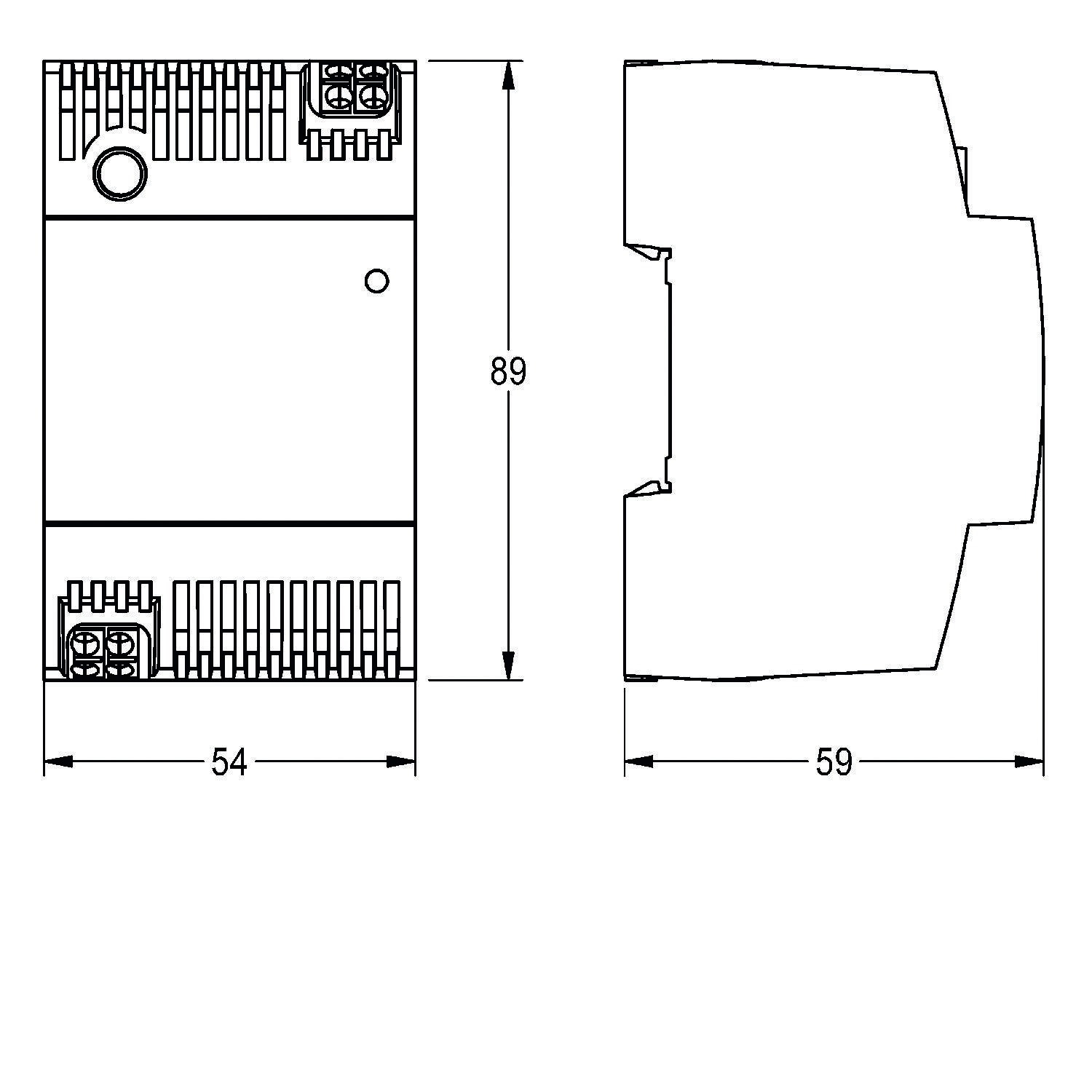 Technische Zeichnung mit Vorder- und Seitenansicht einer elektrischen Komponente mit Abmessungen: 89 mm Höhe, 54 mm und 59 mm Breite.