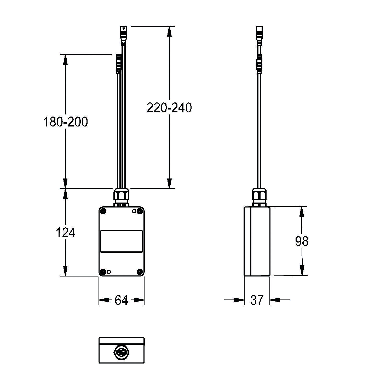 Technische Zeichnung eines Geräts mit einem Kabel. Maße umfassen Höhe 180-200 und 220-240, Breite 64, Tiefe 37 und Höhe 98.