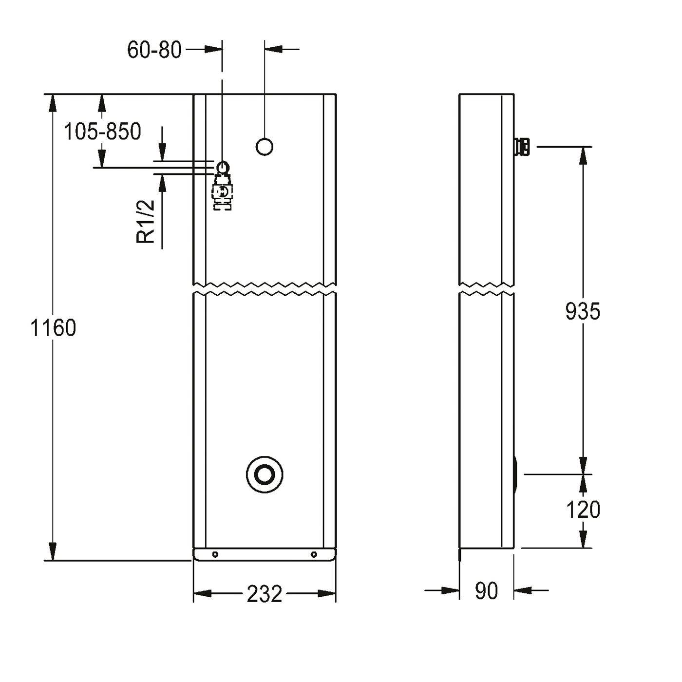 Technische Zeichnung einer hohen rechteckigen Einheit mit Vorder- und Seitenansichten, die Abmessungen von 1160 x 232 x 90 mm und Installationsmessungen zeigt.