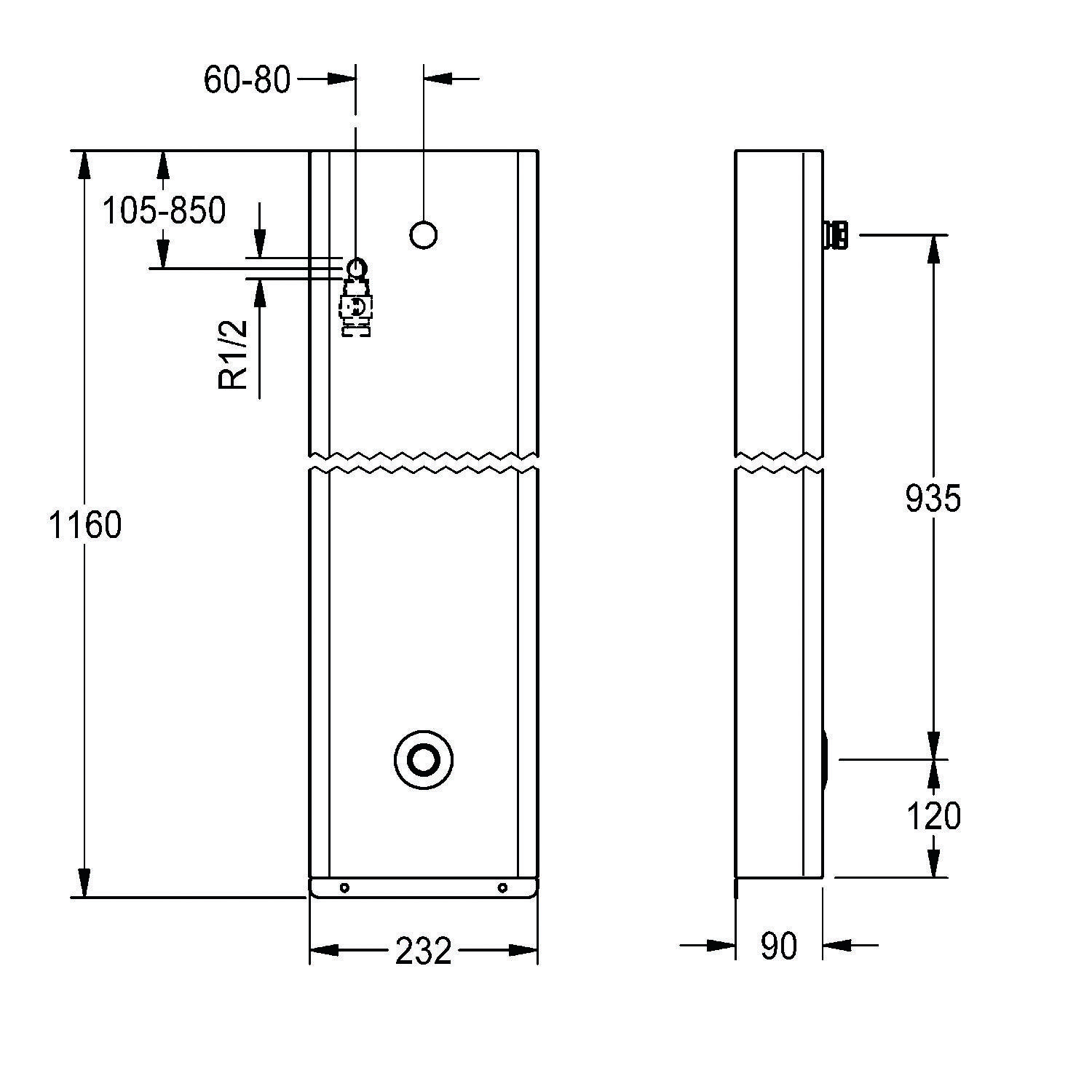 Technische Zeichnung eines zylindrischen Objekts mit Abmessungen: Höhe 1160 mm, Breite 232 mm. Seitenansicht Höhe 935 mm, Tiefe 90 mm.