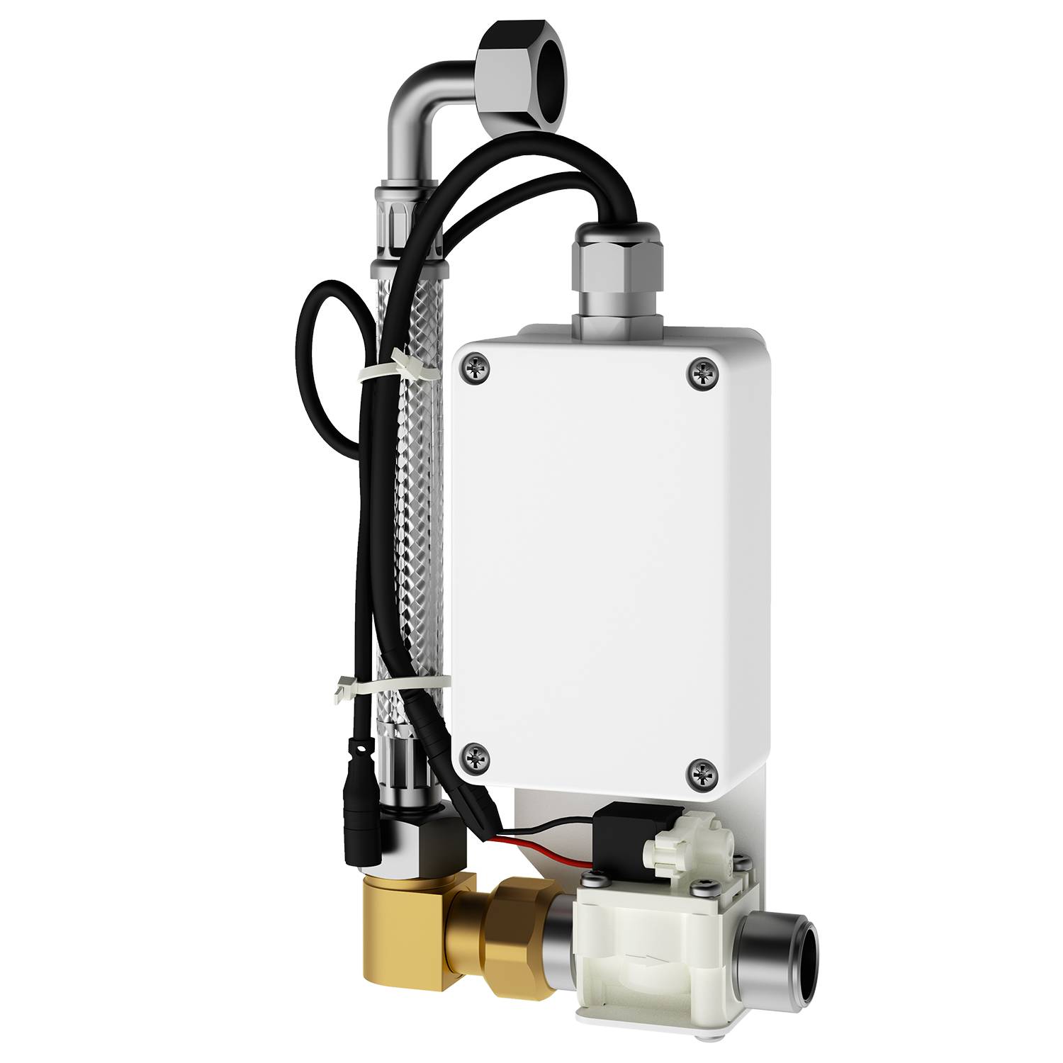 Ein kompaktes, industrielles Wasserrohrventilbauwerk mit metallischer Oberfläche, ausgestattet mit Anschlüssen und einem weißen rechteckigen Steuerkasten.