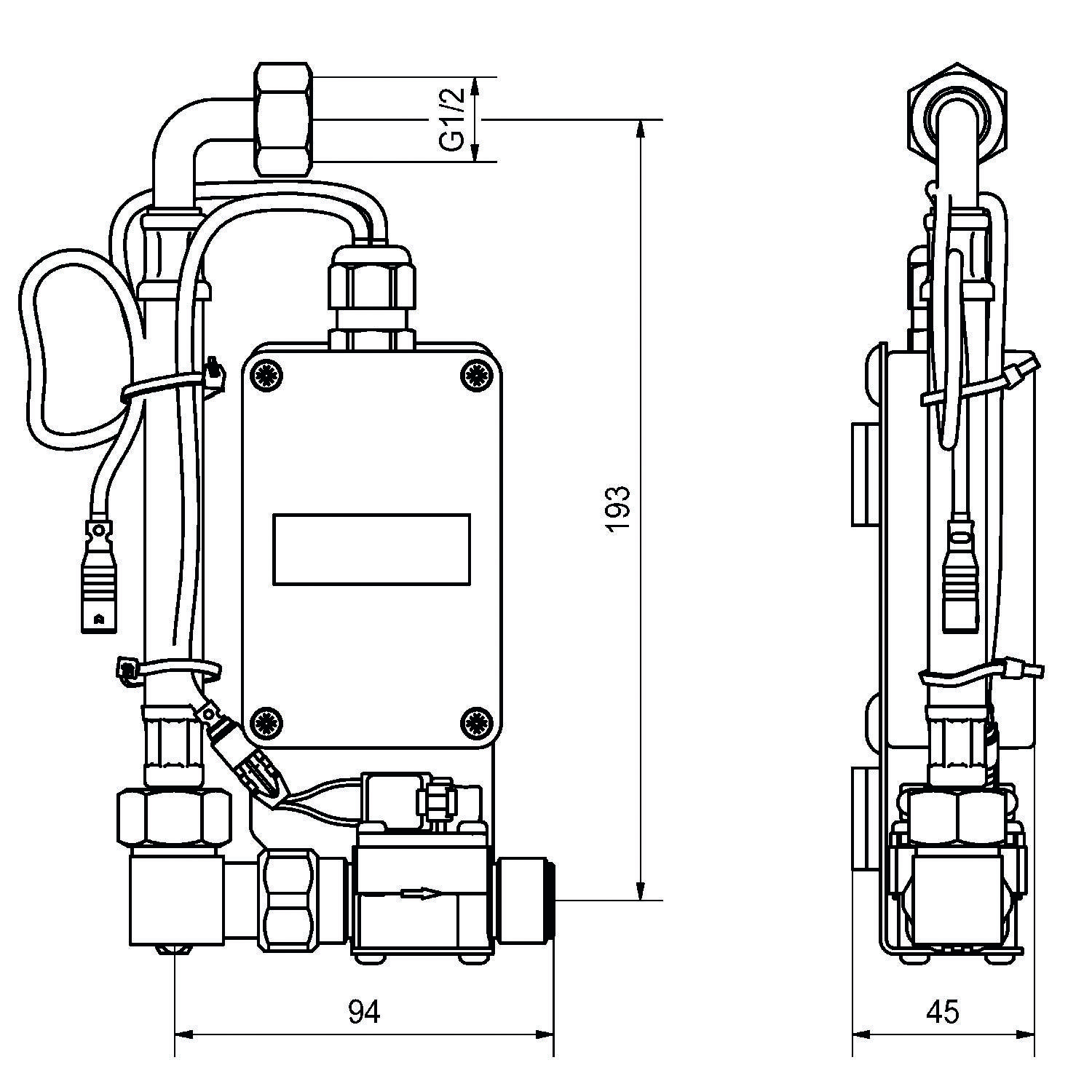 Eine technische Zeichnung zeigt die Vorder- und Seitenansicht einer Klempnervorrichtung mit folgenden Abmessungen: 193 mm Höhe, 94 mm Breite und 45 mm Tiefe.