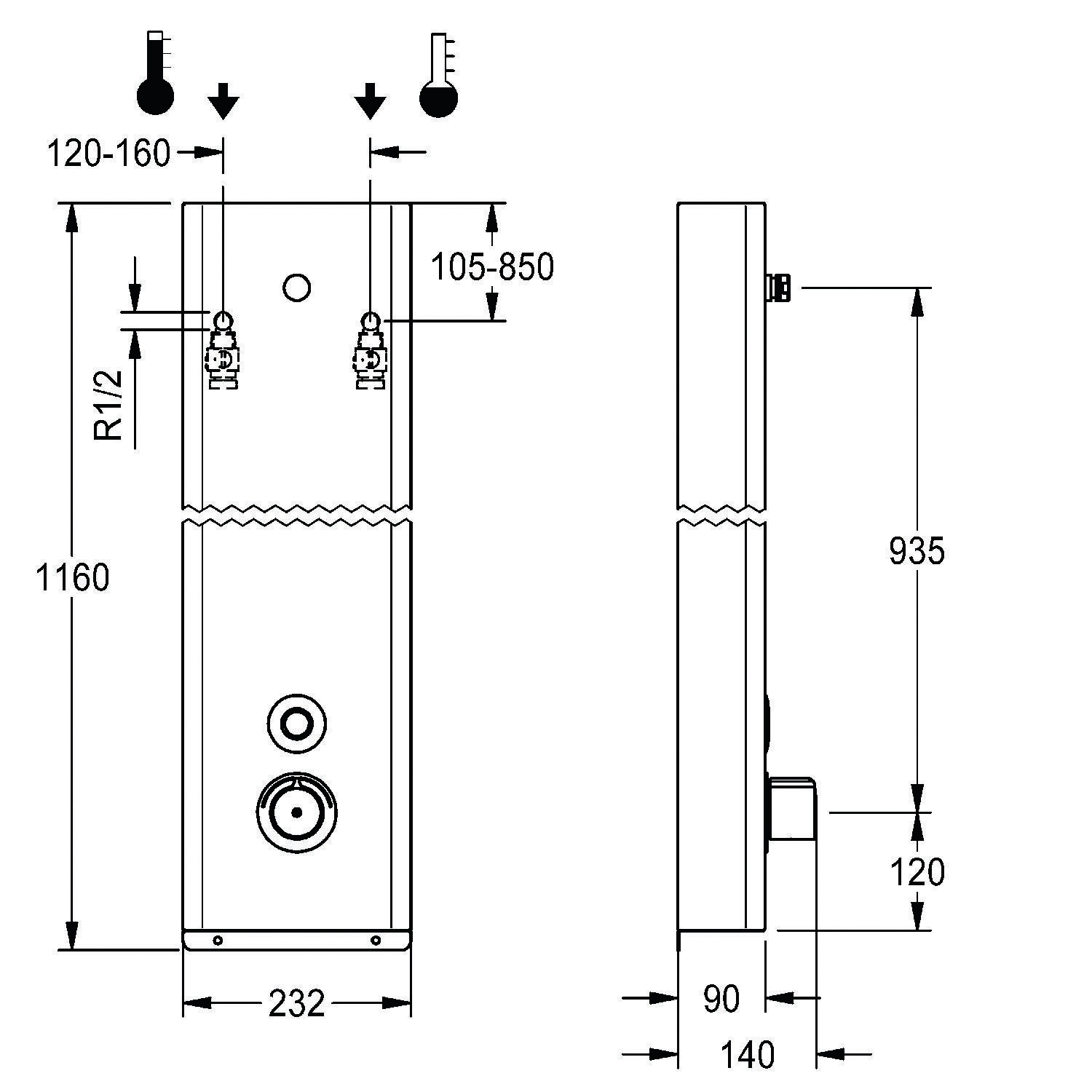 Technische Zeichnung eines Gasheizungskessels mit Vorder- und Seitenansicht. Abmessungen: Höhe 1160 mm, Breite 232 mm, Tiefe 140 mm. Anschlusspunkte und Messungen angegeben.