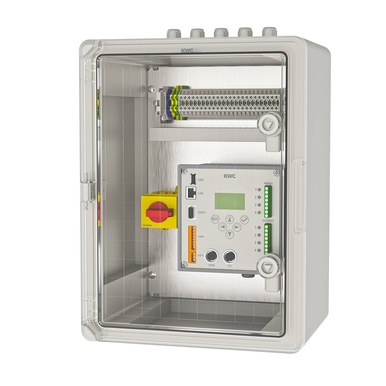 Eine weiße elektrische Schalttafel mit einer transparenten Tür, die ein Steuermodul mit Tasten und Bildschirmen im Inneren sichtbar macht.