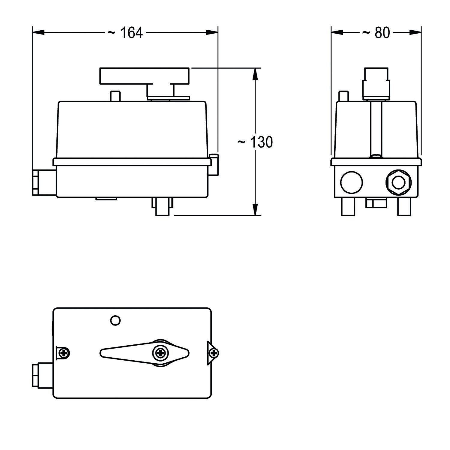 Technische Zeichnung mit drei Ansichten einer mechanischen Komponente mit folgenden Abmessungen: Breite 164 mm, Höhe 130 mm, Tiefe 80 mm.