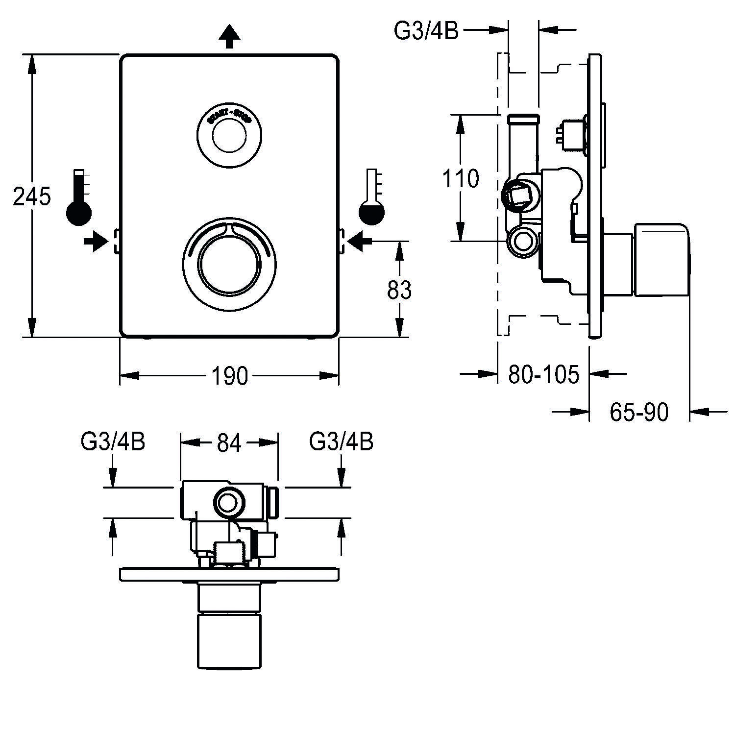 Diagramm eines quadratischen Duschsteuerungspanels mit Abmessungen: 245 mm Höhe, 190 mm Breite und 83 mm für die Positionierung der unteren Steuerung. Die Seitenansichtsdimensionen zeigen eine Tiefe von 65-90 mm und eine Höhe von 80-105 mm für interne Einbauteile, gekennzeichnet mit G3/4B.