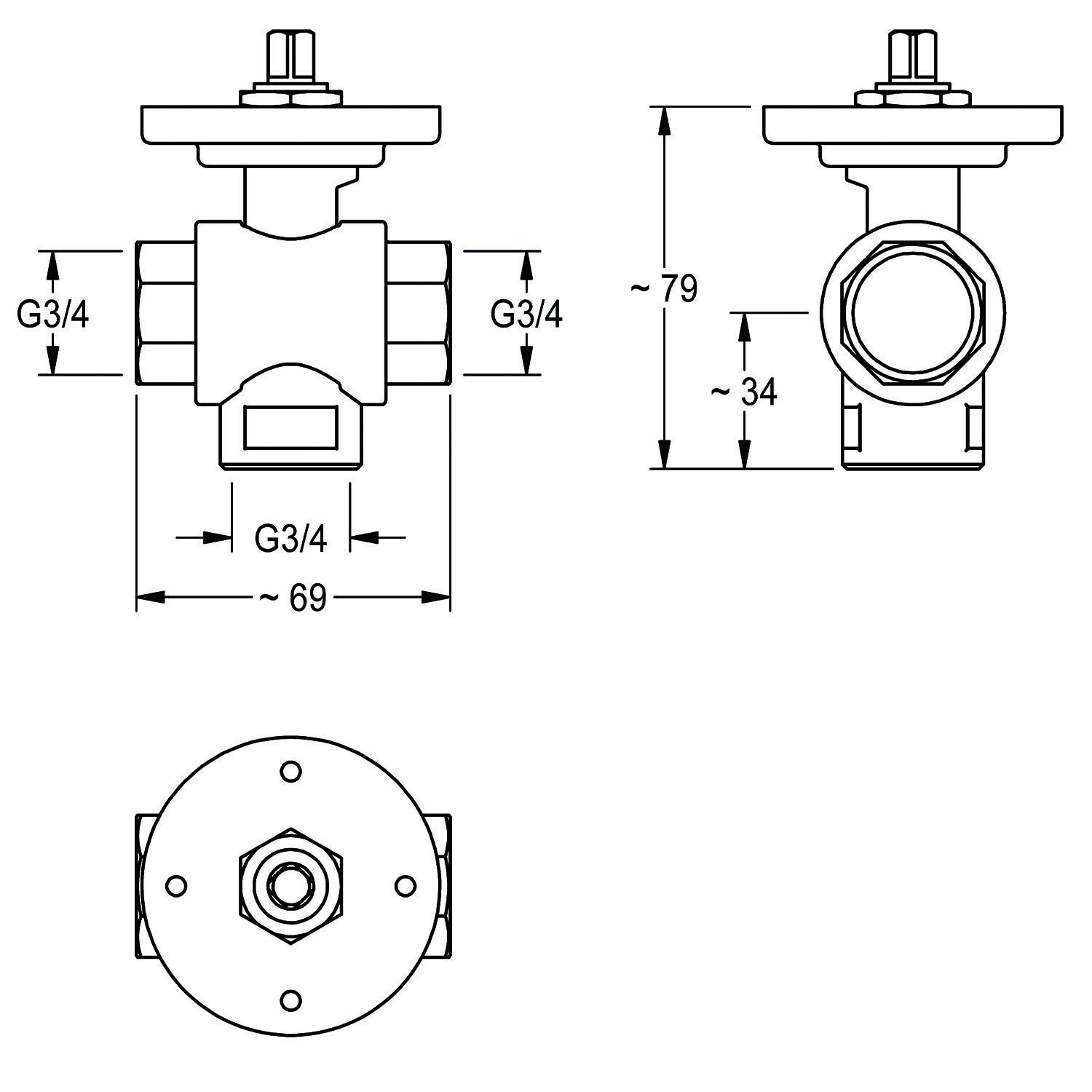 Technische Zeichnung eines Ventils mit drei Ansichten: Vorder- und Aufsicht mit Abmessungen von ungefähr 69 mm Breite und 79 mm Höhe.
