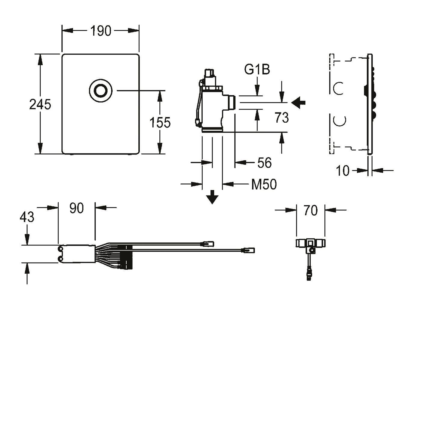 Technische Maßzeichnung eines rechteckigen Tanks oder Bauteils mit Vorder-, Seiten-, Drauf- und Bodenansicht, die Abmessungen 190, 245, 155, 73, 56, 90, 43, 70, 10 und Gewindebezeichnungen G1B und M50 zeigt.