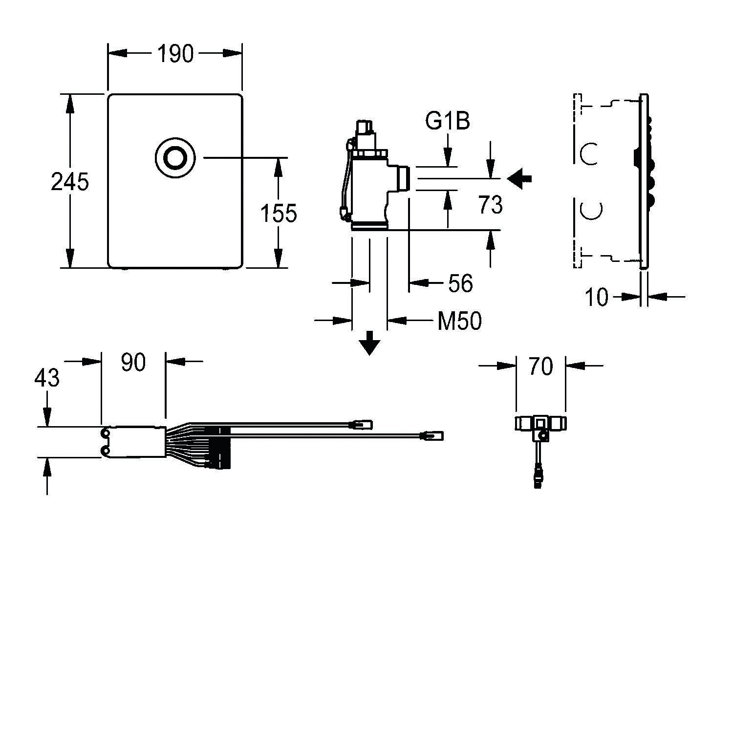 Technische Zeichnung mit Maßangaben einer mechanischen Komponente. Abmessungen umfassen 190x245 mm für den Hauptkörper, 43-73 mm für andere Bereiche.