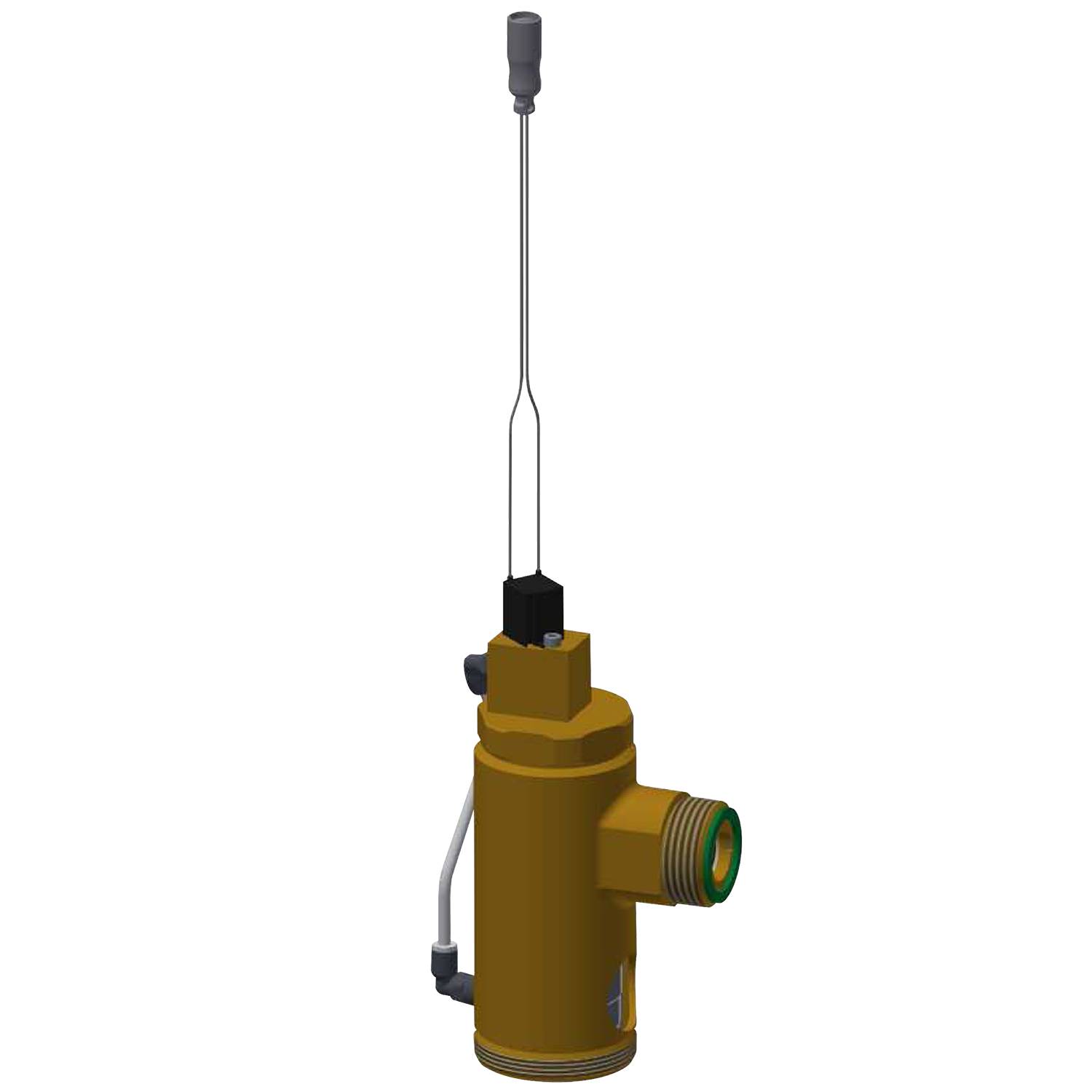 Eine 3D-Renderingdarstellung eines zylindrischen Bronzeventils mit angeschlossenen Rohren und einer dünnen, vertikalen Stange, die nach oben ragt.