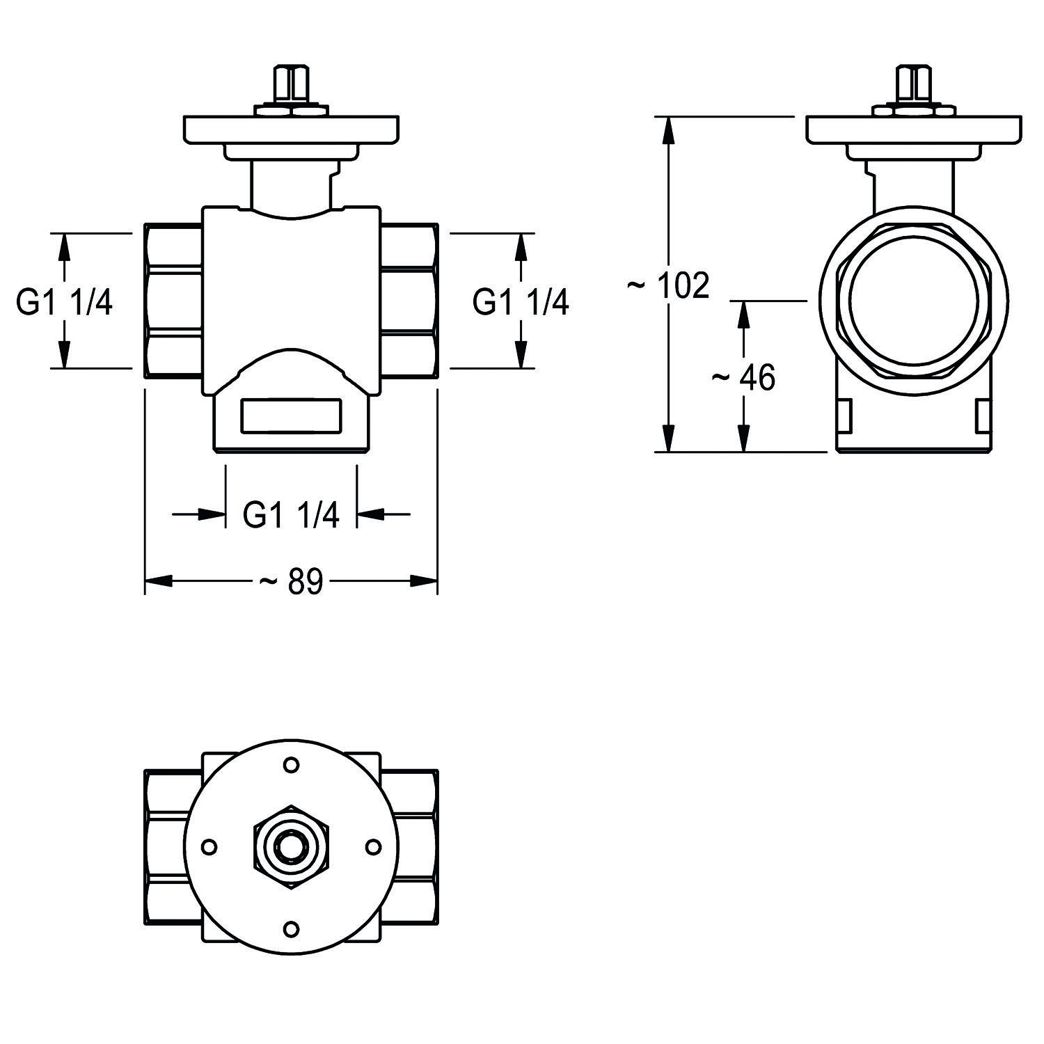 Technische Zeichnung eines Ventils mit drei Ansichten: Vorderansicht, Seitenansicht und Draufsicht. Die angegebenen Abmessungen sind G1 1/4, ungefähr 102 mm Höhe, 46 mm Breite.