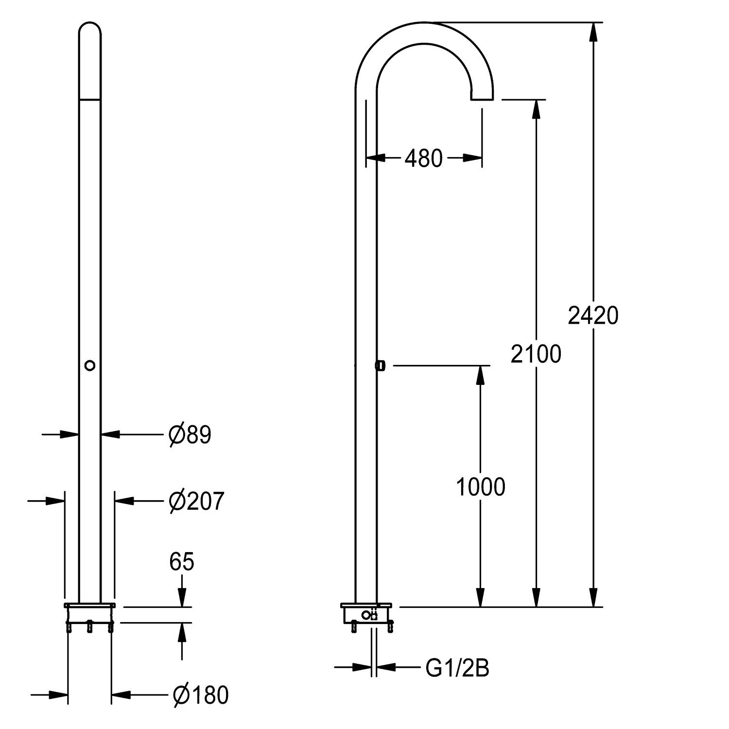 Das Bild ist ein technisches Diagramm einer gekrümmten Rohrinstallation mit Maßangaben: Gesamthöhe 2420 mm, Krümmung 480 mm und Basisdurchmesser 180 mm.