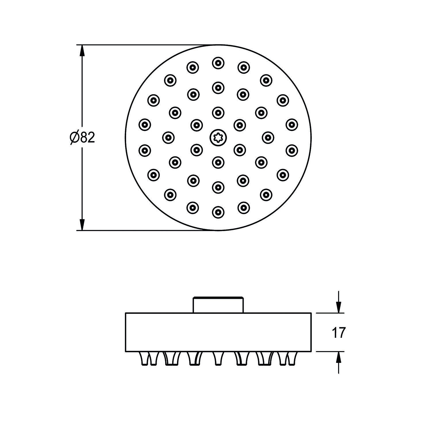 Diagramm eines runden Duschkopfes mit 82 mm Durchmesser und 17 mm Höhe, das die Wassersprühlöcher und einen zentralen Befestigungsanschluss zeigt.