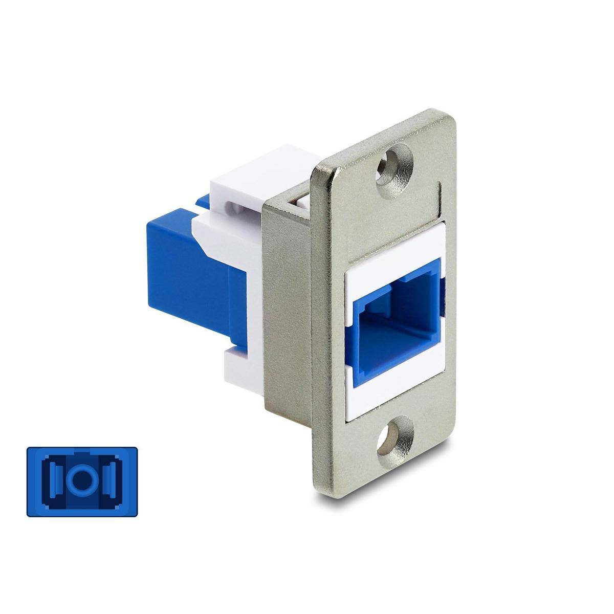 Eine Ethernet-Buchse (Keystone-Jack) in Blau und Weiß, die auf einer silbernen Metallwandplatte montiert ist, mit einem passenden Anschlussdiagramm-Icon.