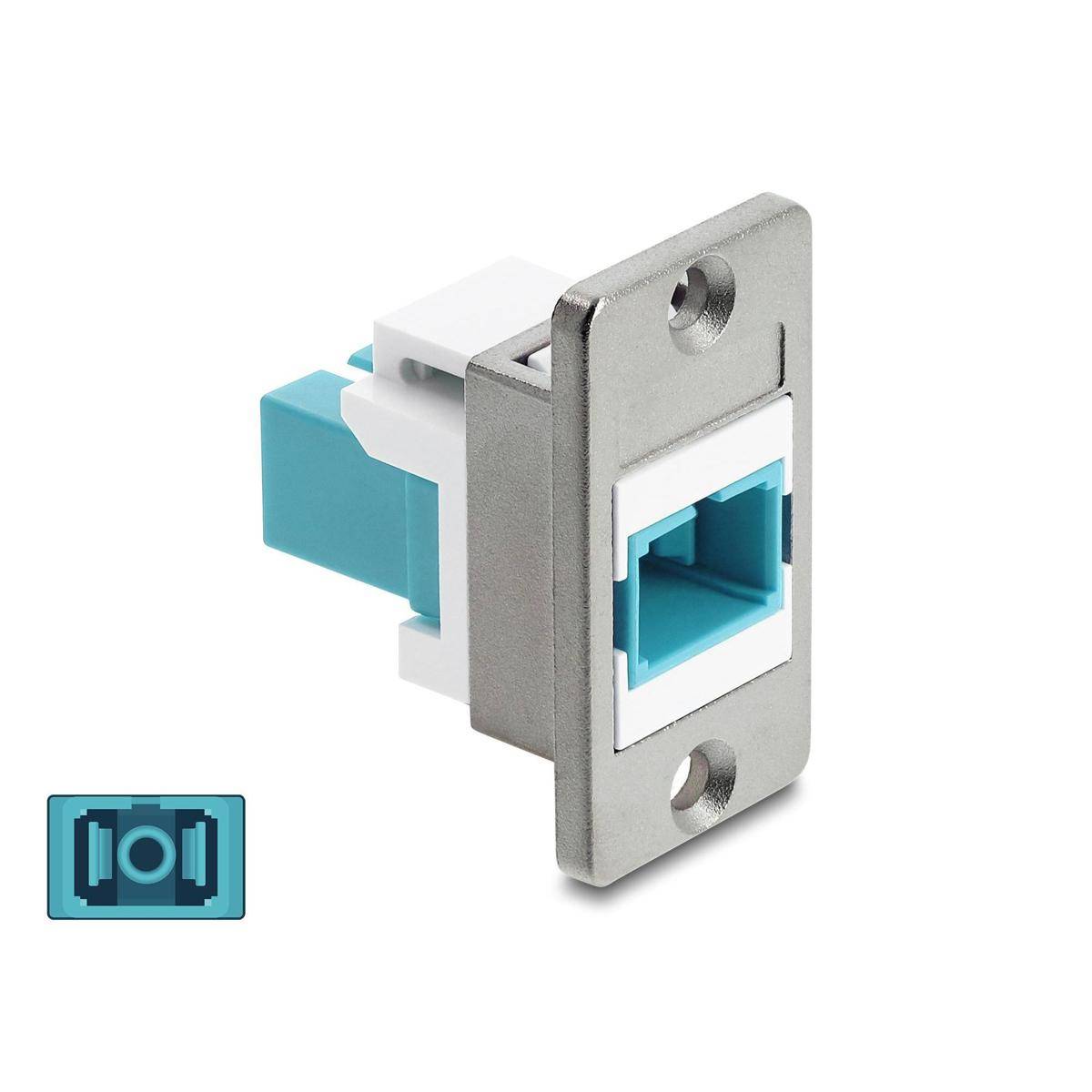 LC Glasfaser-Duplex-Adapter mit türkisfarbenem Stecker, befestigt an einer Metallmontagehalterung, kompatibel mit Glasfasernetzwerken.