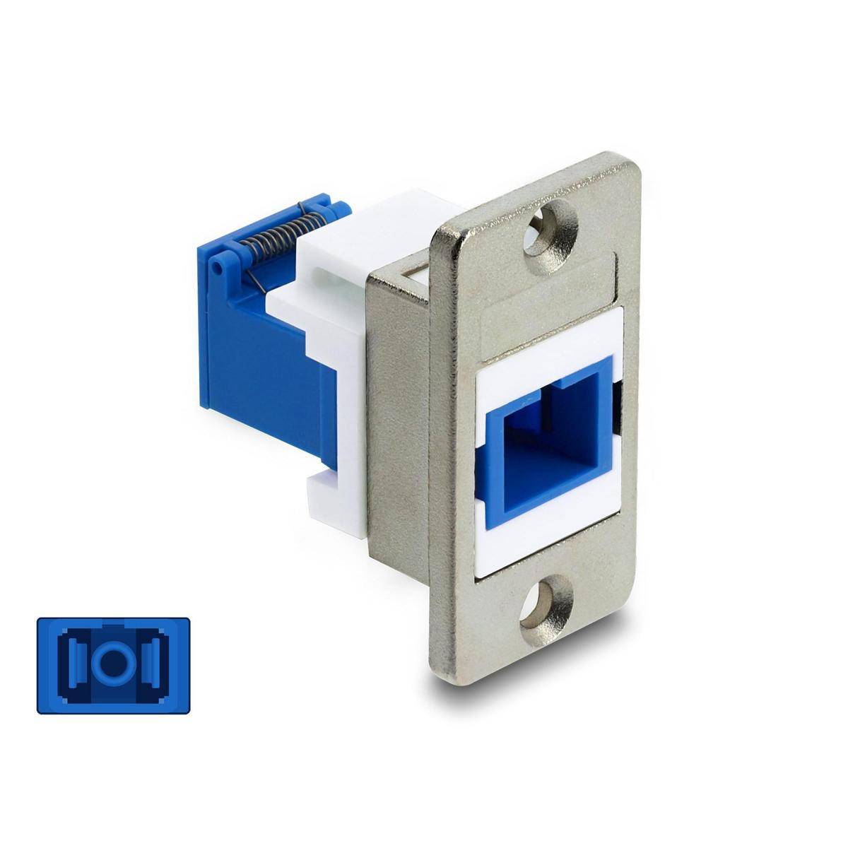 Eine blaue und silberne Netzwerkkabel-Buchse mit Abdeckplatte, die zum Einbau in eine Steckdose konzipiert ist.