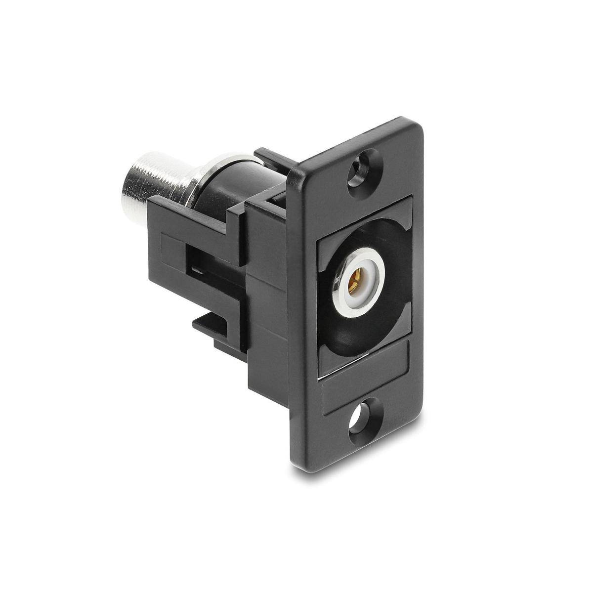Ein schwarzer RCA-Stecker, montiert auf einer rechteckigen Basis, geeignet für Audio- und Videoanwendungen, mit einer Metallspitze zur Signalübertragung.