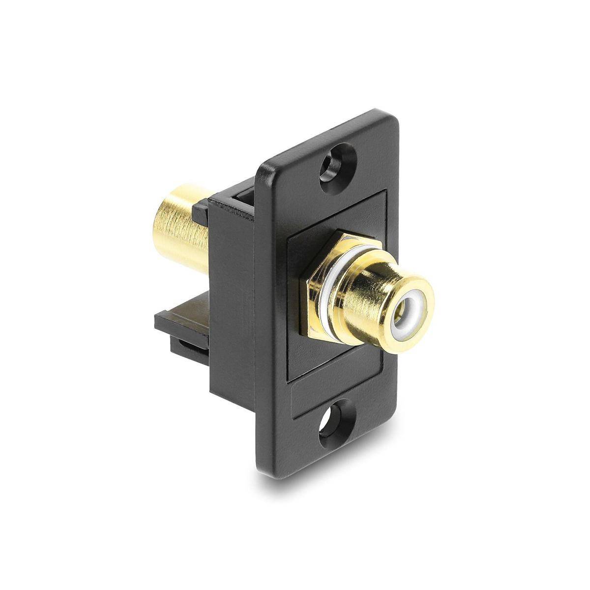 Eine schwarze und goldene RCA-Kabel-Wandanschlussblende, konzipiert für Audio- oder Videogeräteinstallation in privaten oder professionellen Umgebungen.