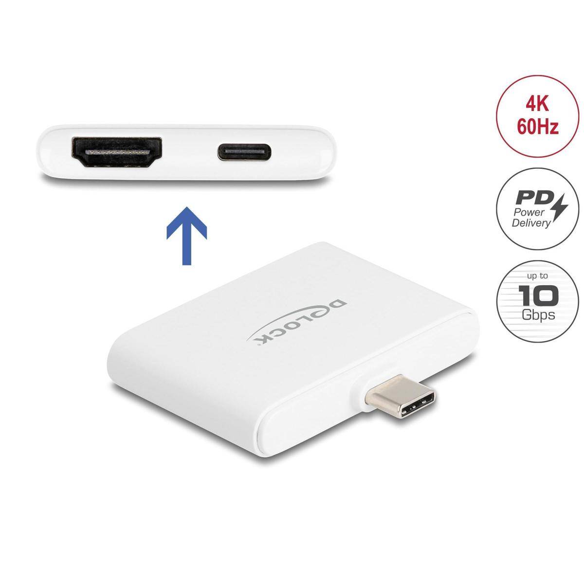 Delock' USB-C Adapter mit Anschlüssen für HDMI und USB-C. Unterstützt 4K bei 60Hz, Stromversorgung und Datenübertragung bis zu 10Gbps.
