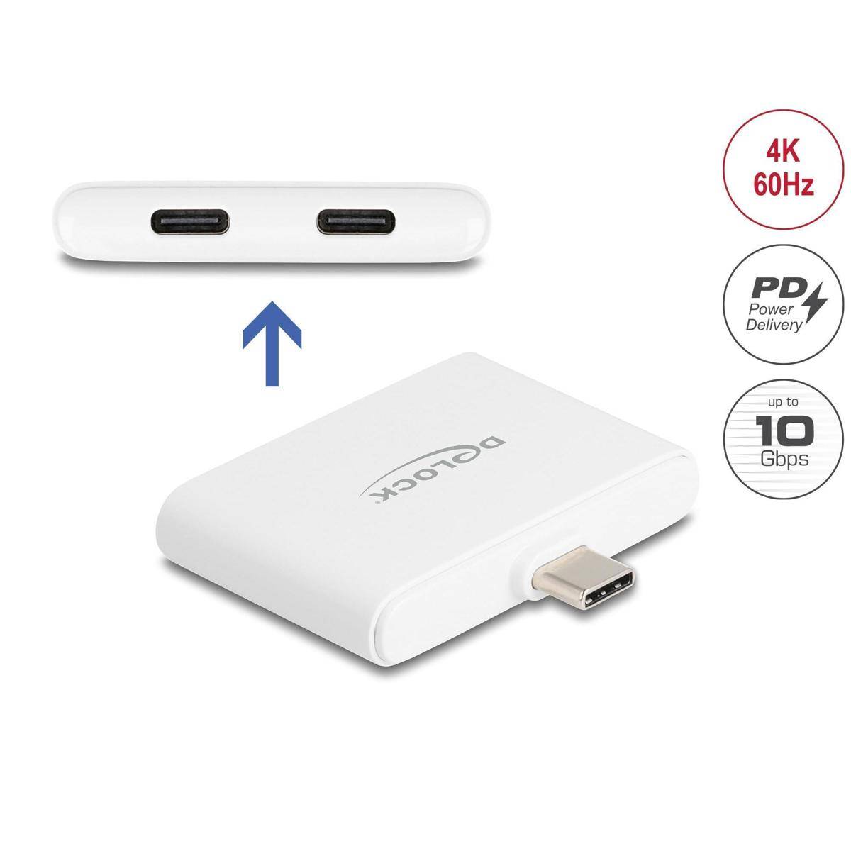 Weißer USB-C auf Dual-USB-C Adapter; unterstützt 4K bei 60Hz, Power Delivery und 10Gbps Datenübertragung. Mit Grafiken hervorgehoben.