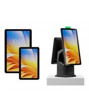 Zwei Tablets zeigen die Zeit '10:00' mit orangefarbenen Bildschirmen. Ein Tabletständer hält ein ähnliches Tablet auf der rechten Seite aufrecht.