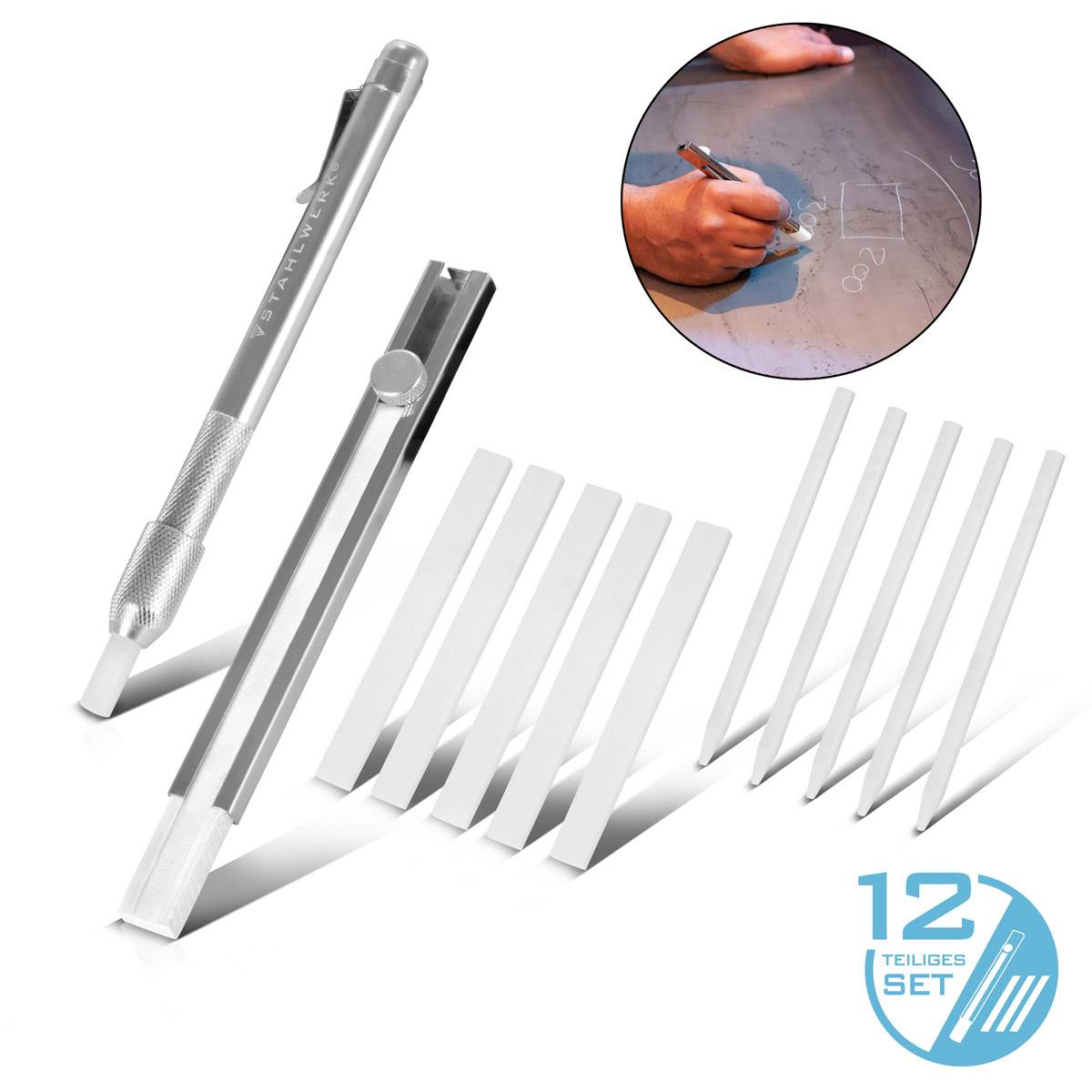 STAHLWERK Schweißerkreide Set 12-teilig, Kreidehalter aus Aluminium, nachfüllbar