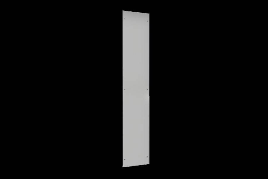 Ein hoher, schmaler, rechteckiger weißer Panel vor einem schwarzen Hintergrund, mit dezenten Schatten und kleinen Punkten an den Ecken.