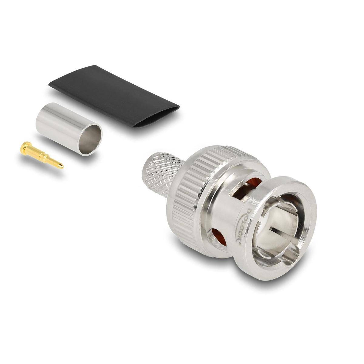 Koaxial-Steckverbinder-Bauteile dargestellt: Hauptstecker, metallische Hülse, vergoldeter Stift und schwarzer Schrumpfschlauch.